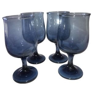 Tulip Wine Goblet- Smokey Blue. Handblown Set of 4. Wine/Water Goblet